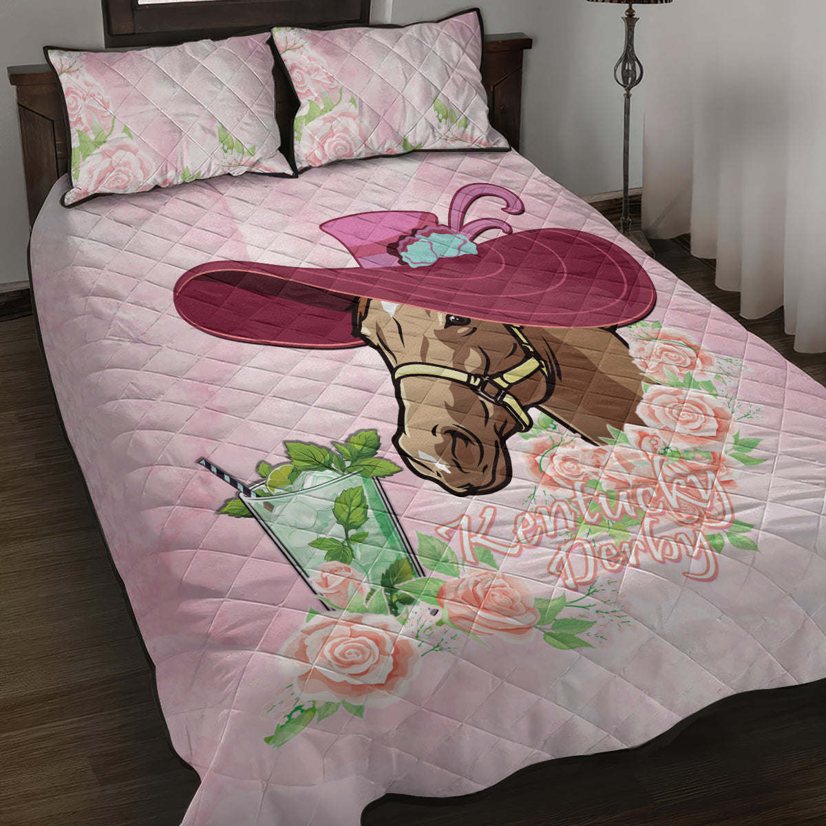 Kentucky Horse Racing Quilt Bed Set Derby Mint Julep With Roses
