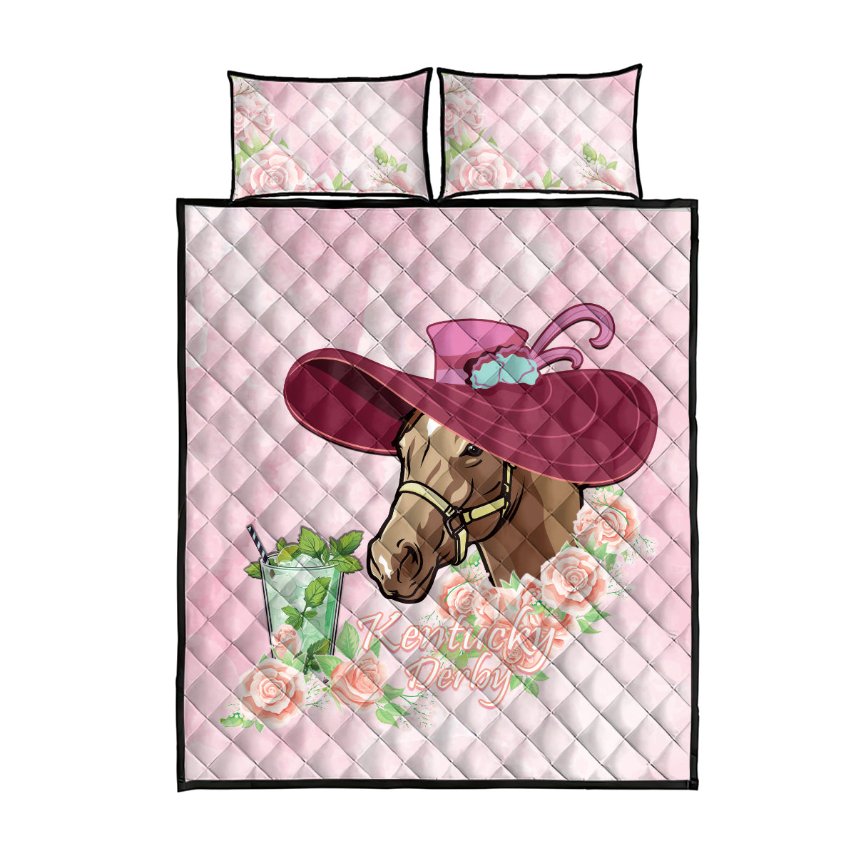 Kentucky Horse Racing Quilt Bed Set Derby Mint Julep With Roses - Wonder Print Shop