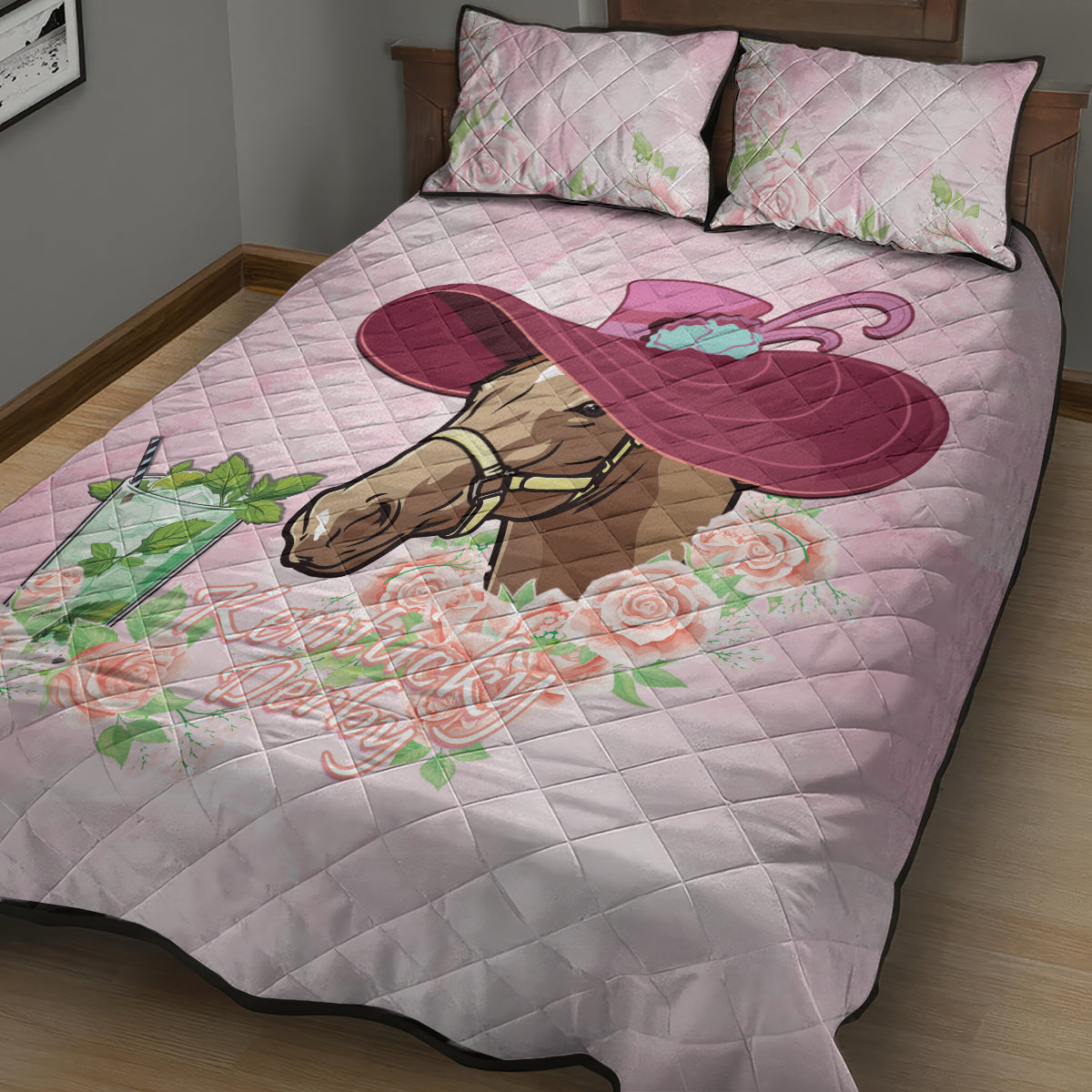 Kentucky Horse Racing Quilt Bed Set Derby Mint Julep With Roses - Wonder Print Shop