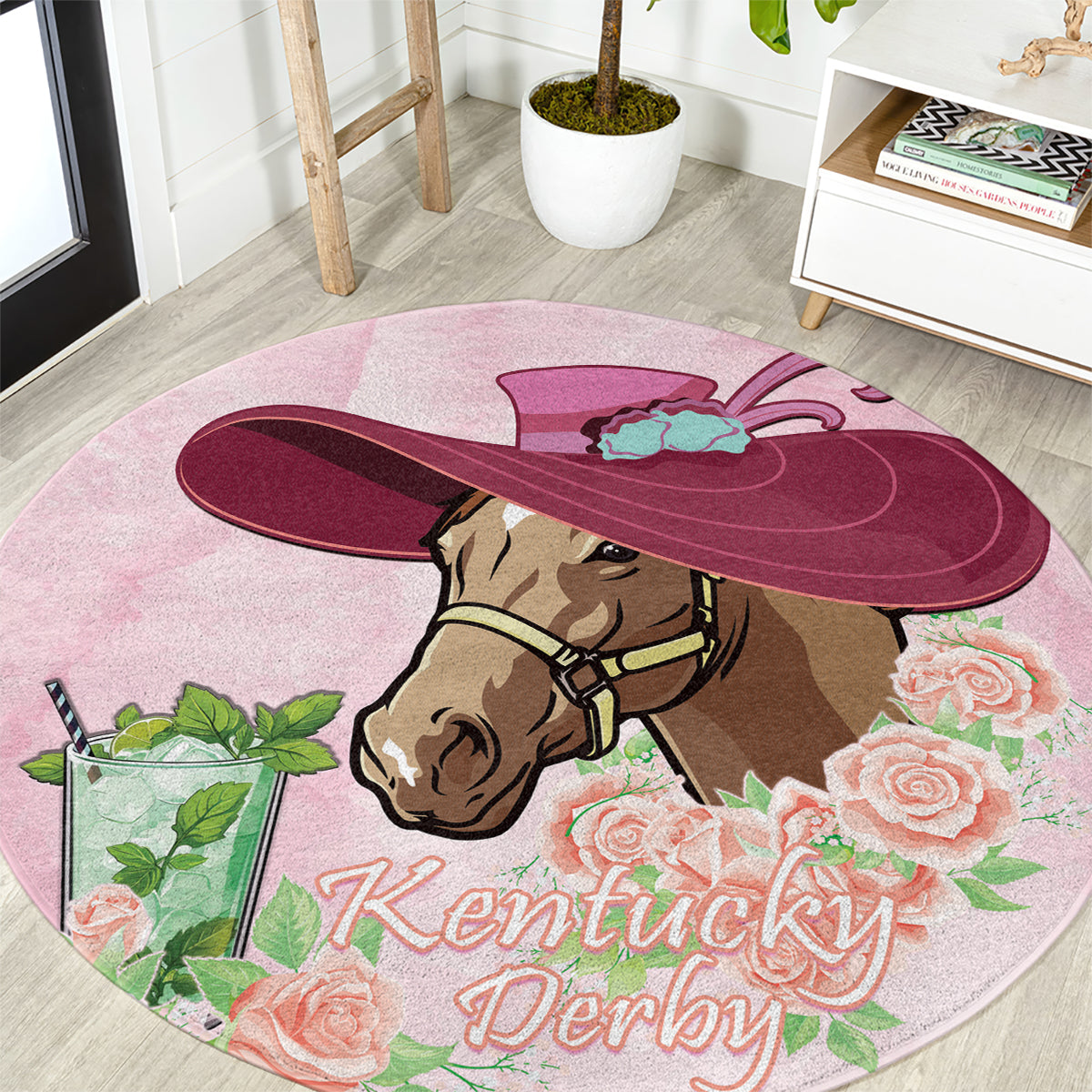 Kentucky Horse Racing Round Carpet Derby Mint Julep With Roses