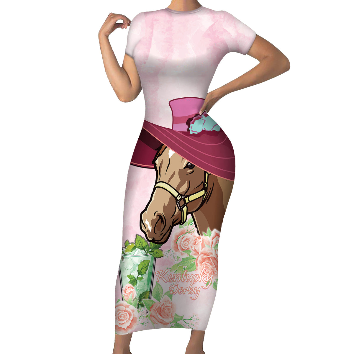 Kentucky Horse Racing Short Sleeve Bodycon Dress Derby Mint Julep With Roses - Wonder Print Shop