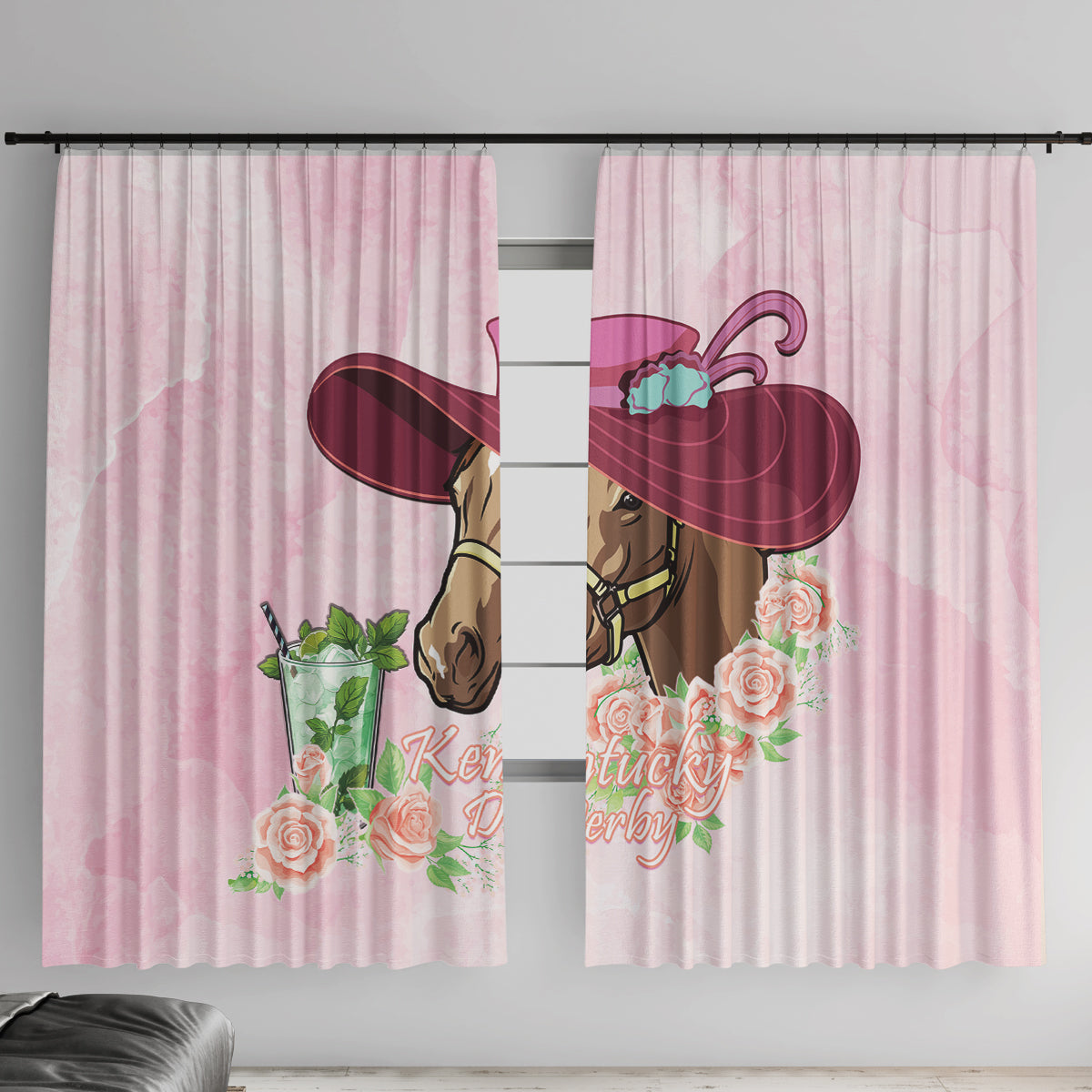 Kentucky Horse Racing Window Curtain Derby Mint Julep With Roses - Wonder Print Shop