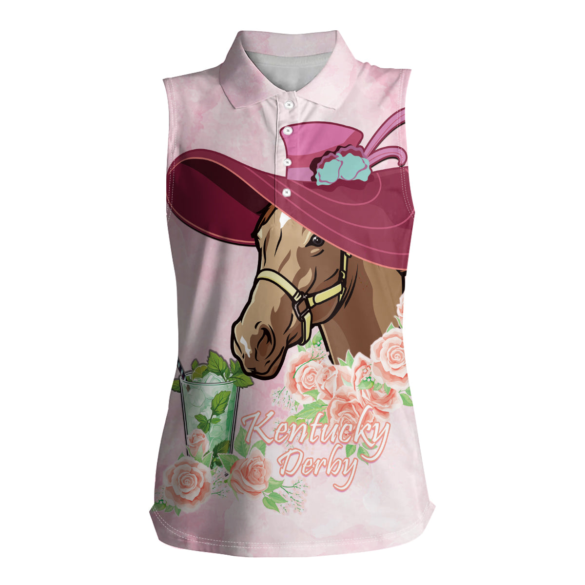 Kentucky Horse Racing Women Sleeveless Polo Shirt Derby Mint Julep With Roses - Wonder Print Shop