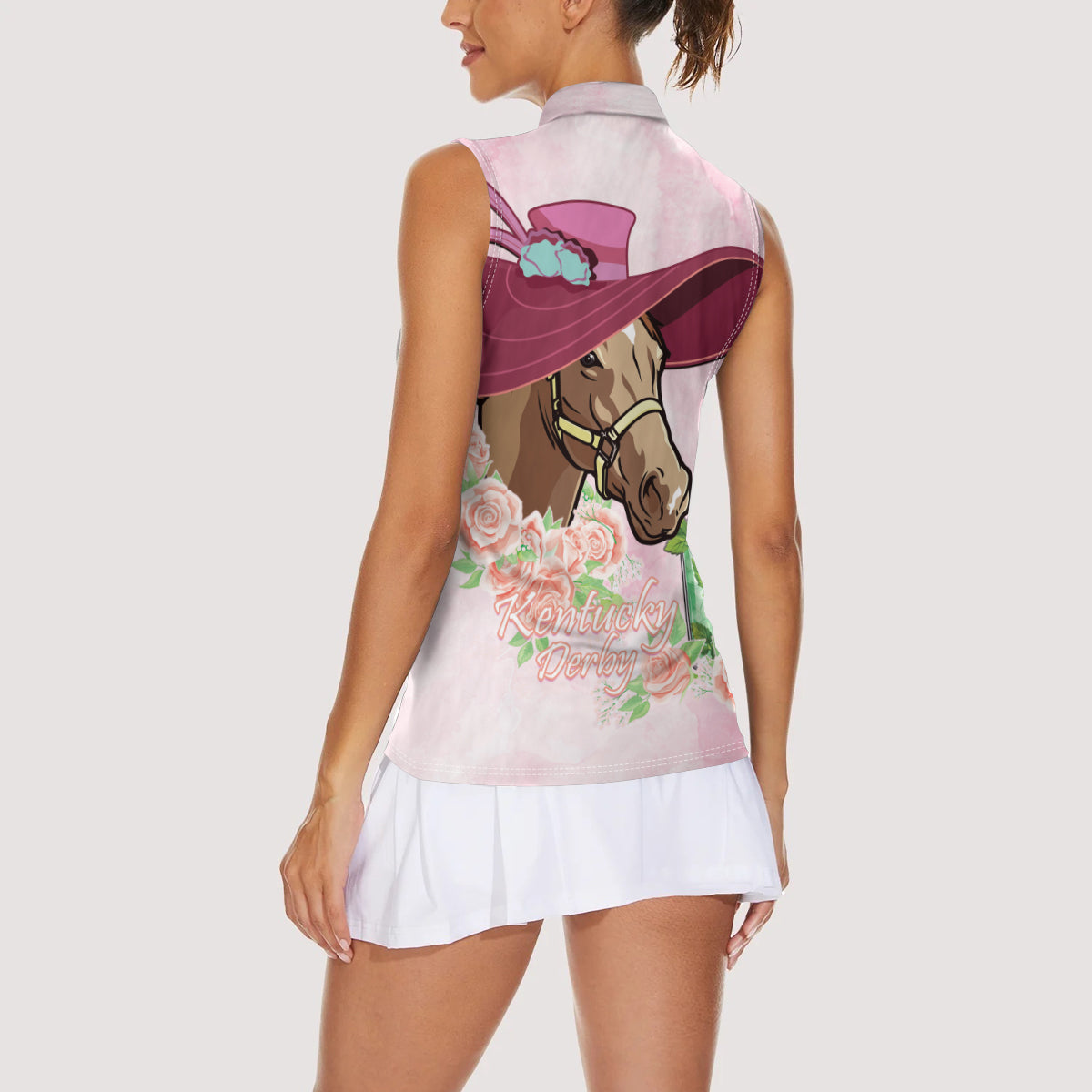 Kentucky Horse Racing Women Sleeveless Polo Shirt Derby Mint Julep With Roses - Wonder Print Shop