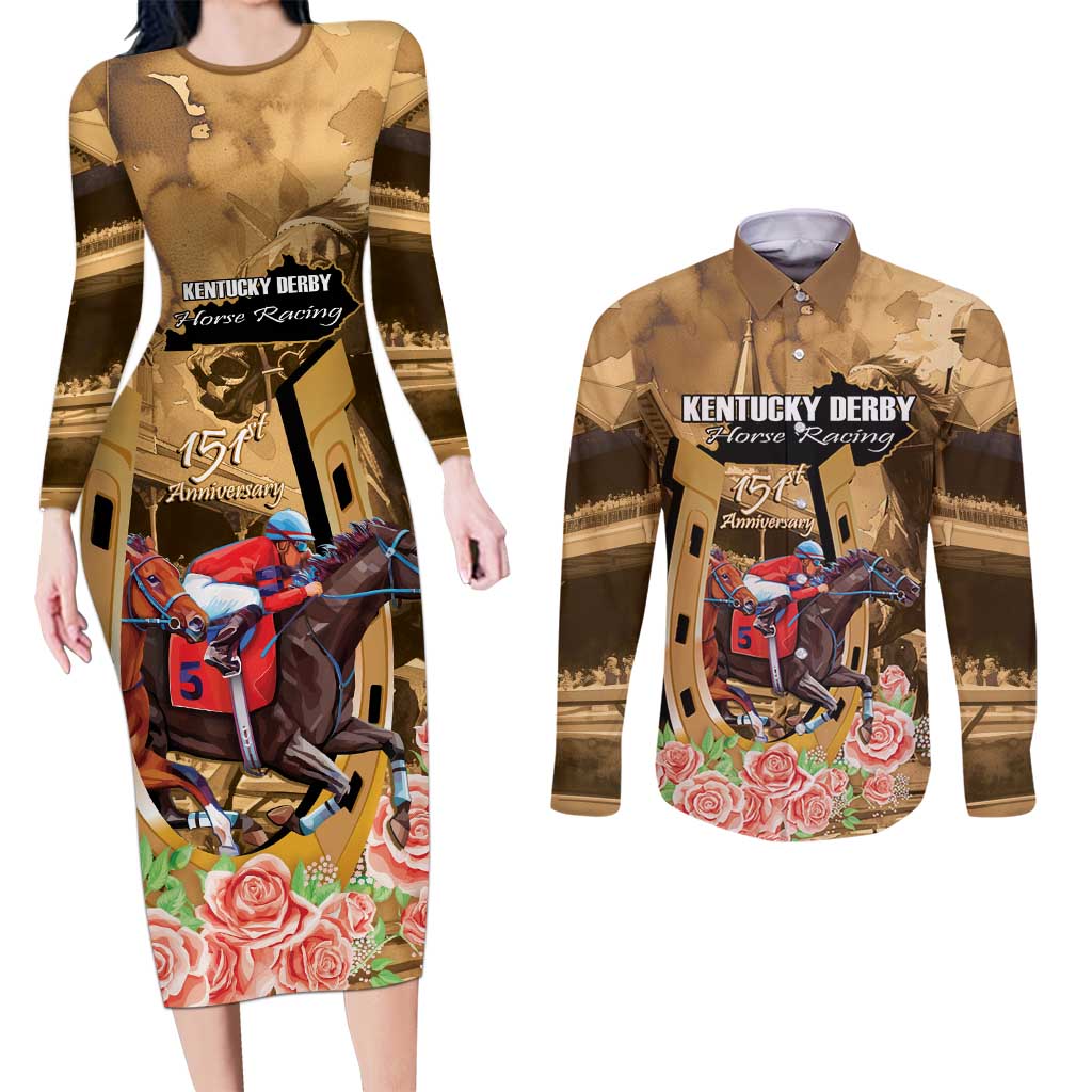 Kentucky Horse Racing Couples Matching Long Sleeve Bodycon Dress and Long Sleeve Button Shirt 151st Anniversary Race For The Roses LT14