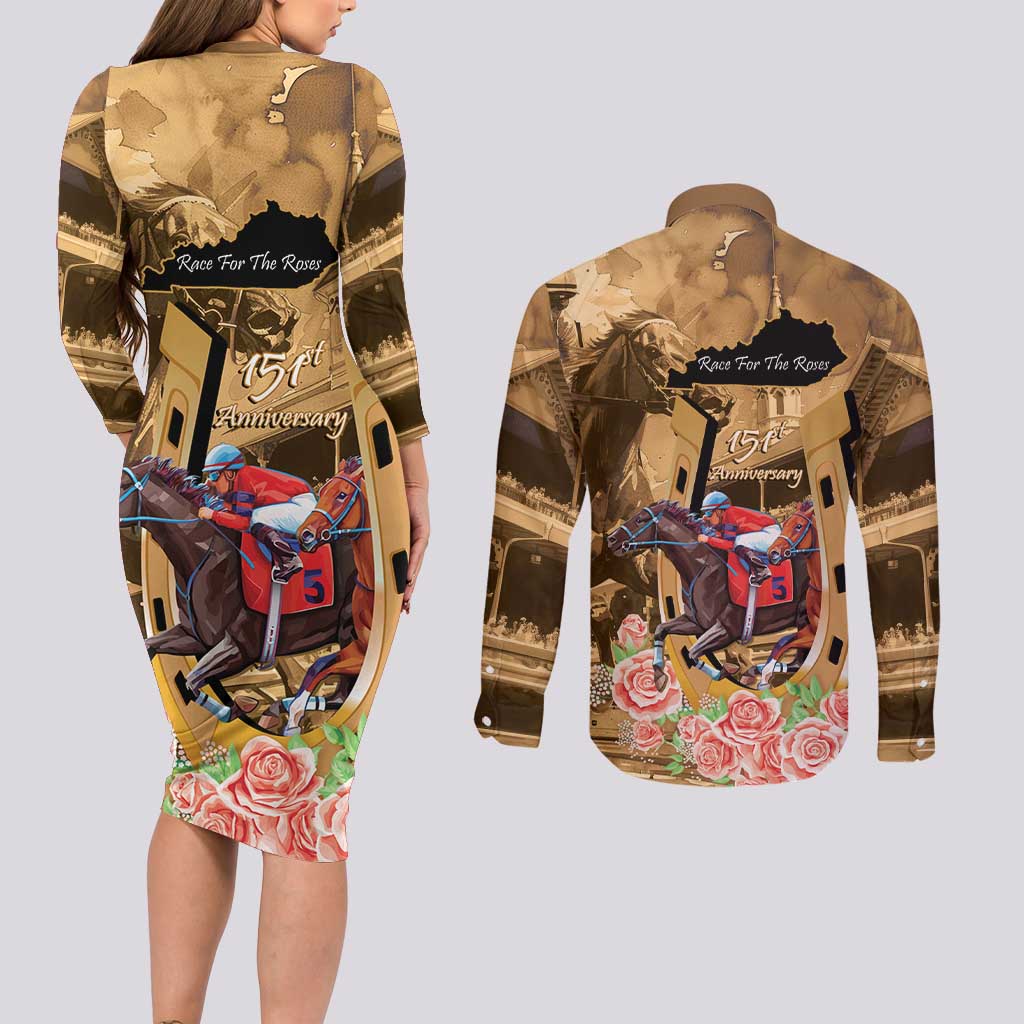 Kentucky Horse Racing Couples Matching Long Sleeve Bodycon Dress and Long Sleeve Button Shirt 151st Anniversary Race For The Roses LT14