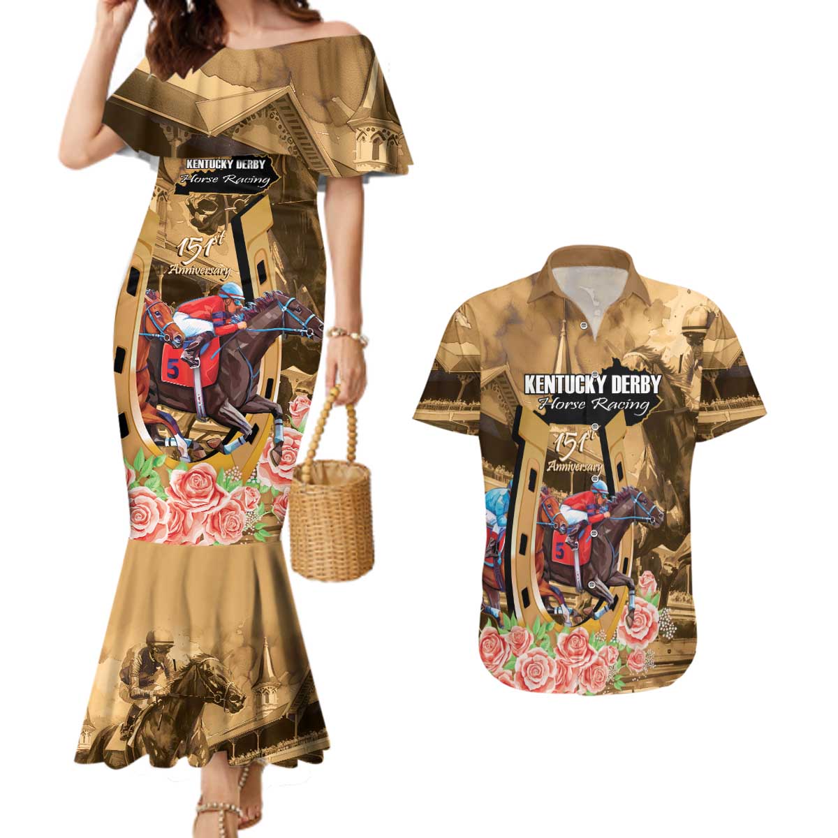 Kentucky Horse Racing Couples Matching Mermaid Dress and Hawaiian Shirt 151st Anniversary Race For The Roses LT14
