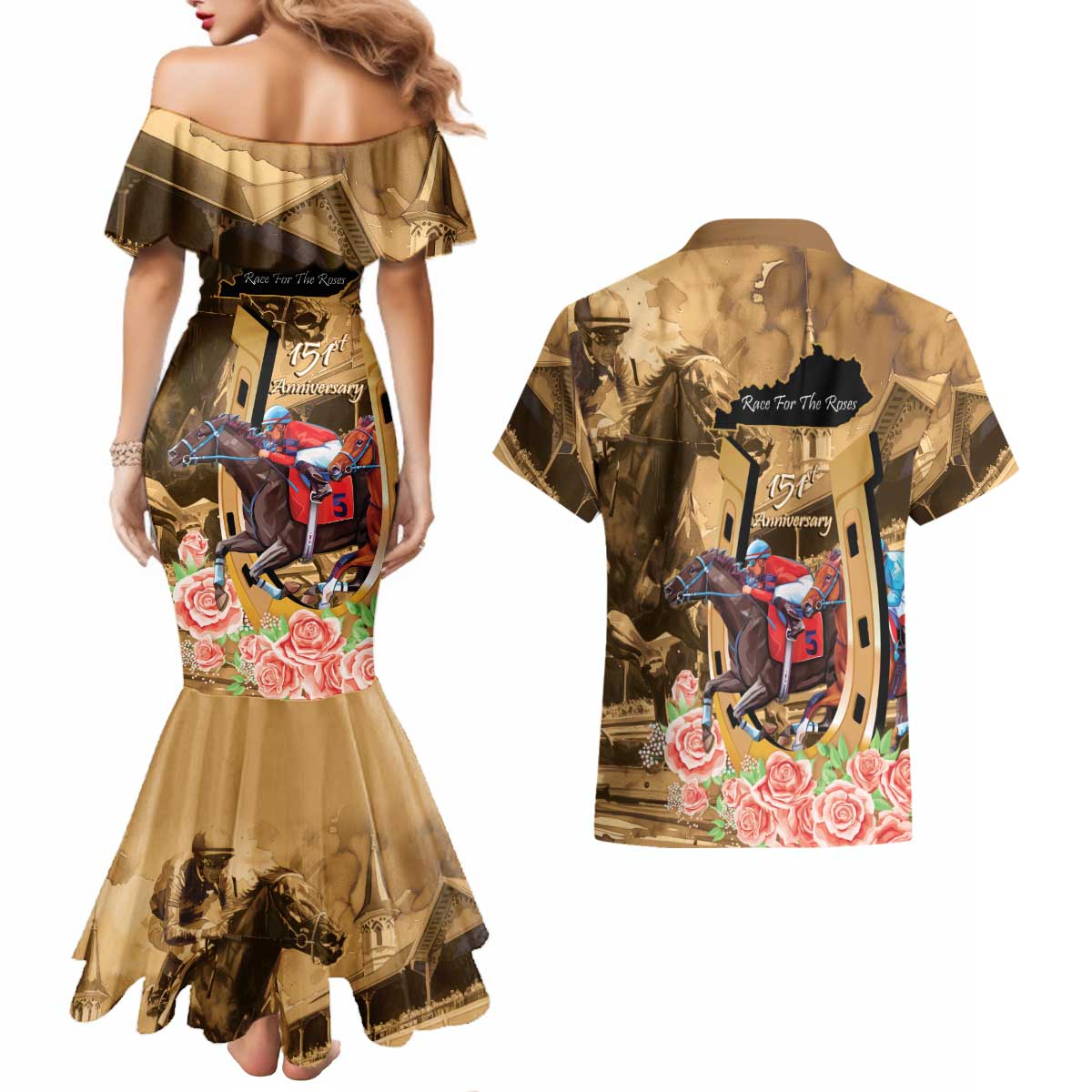 Kentucky Horse Racing Couples Matching Mermaid Dress and Hawaiian Shirt 151st Anniversary Race For The Roses LT14