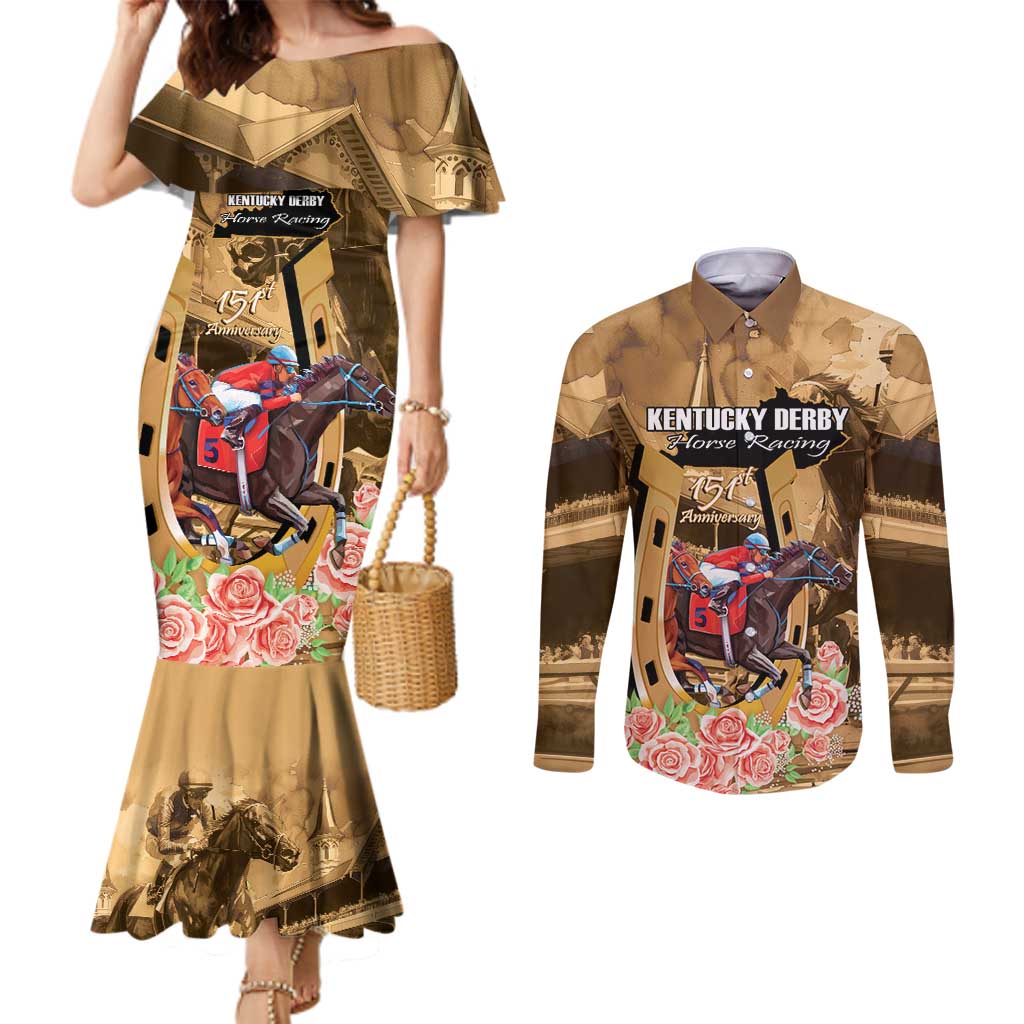 Kentucky Horse Racing Couples Matching Mermaid Dress and Long Sleeve Button Shirt 151st Anniversary Race For The Roses LT14