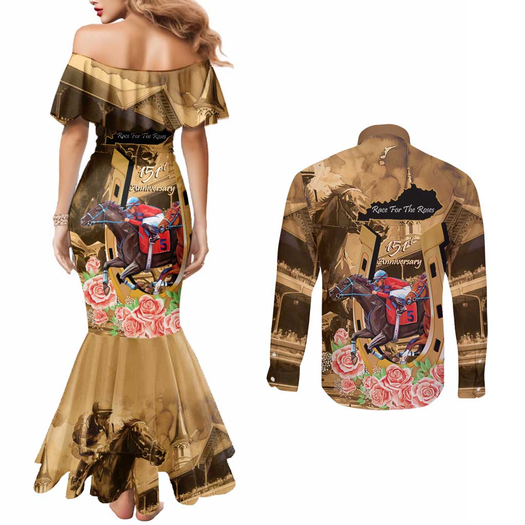 Kentucky Horse Racing Couples Matching Mermaid Dress and Long Sleeve Button Shirt 151st Anniversary Race For The Roses LT14