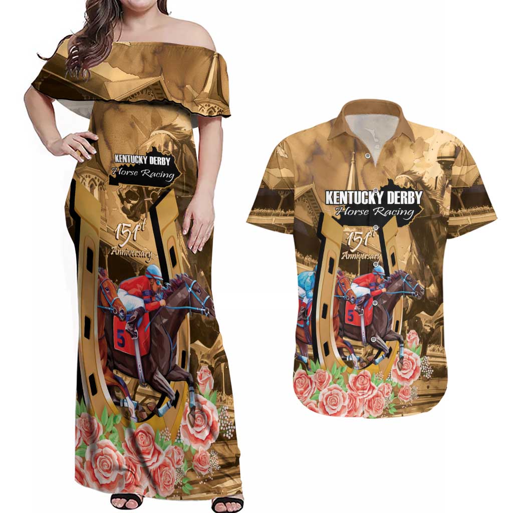 Kentucky Horse Racing Couples Matching Off Shoulder Maxi Dress and Hawaiian Shirt 151st Anniversary Race For The Roses LT14
