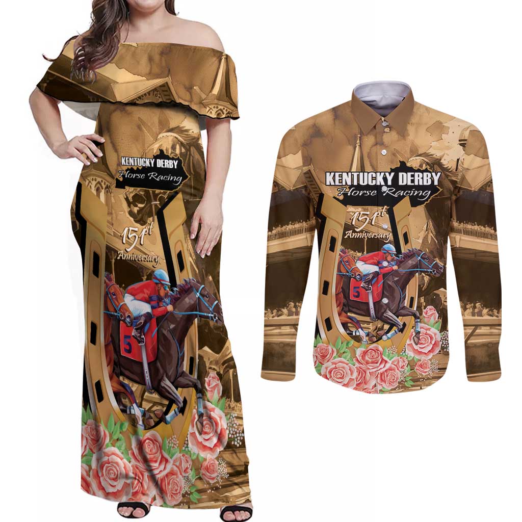 Kentucky Horse Racing Couples Matching Off Shoulder Maxi Dress and Long Sleeve Button Shirt 151st Anniversary Race For The Roses LT14