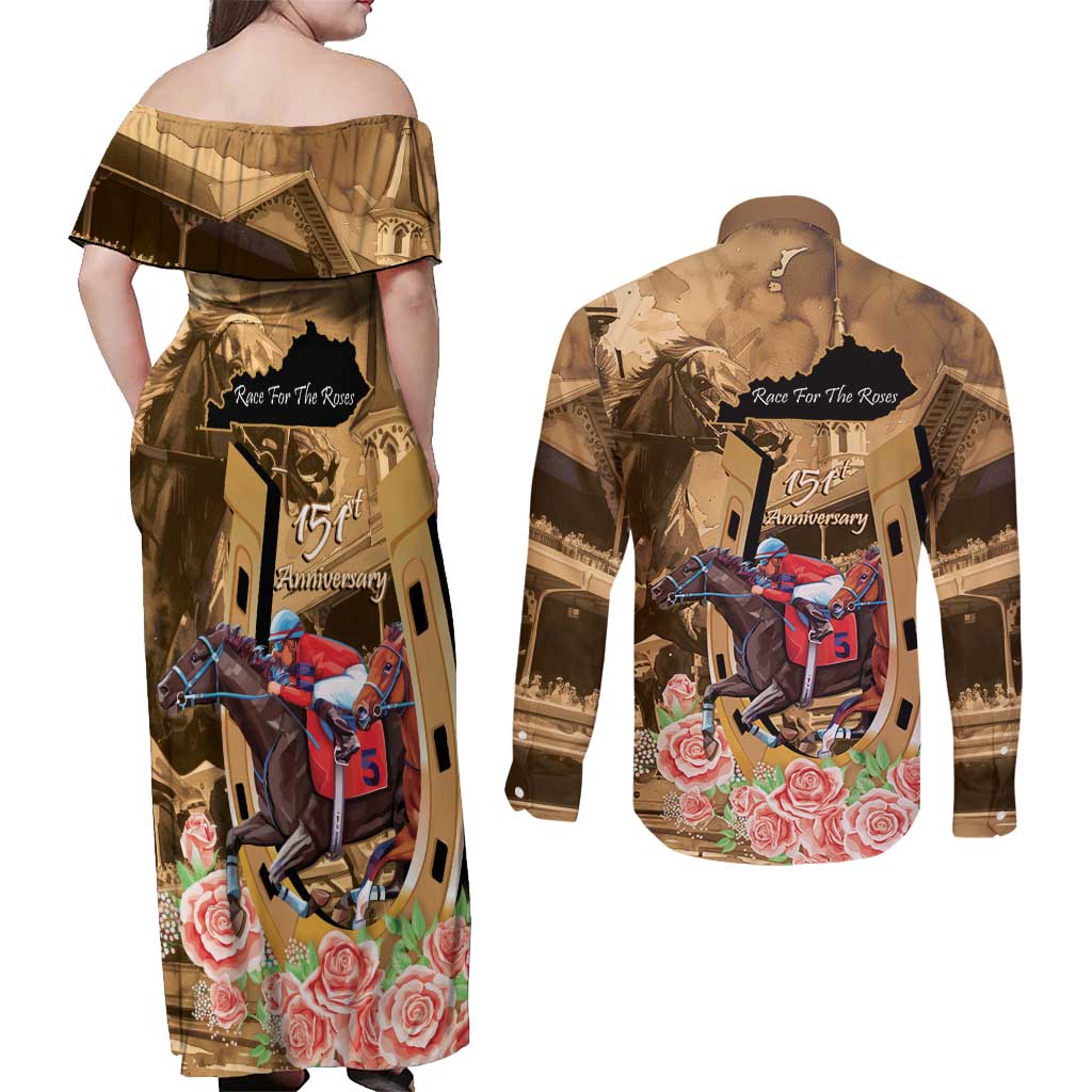 Kentucky Horse Racing Couples Matching Off Shoulder Maxi Dress and Long Sleeve Button Shirt 151st Anniversary Race For The Roses LT14