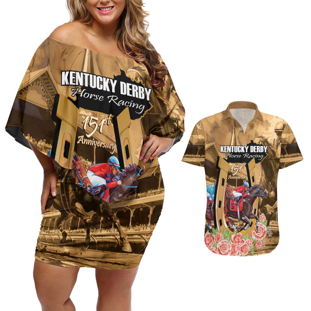 Kentucky Horse Racing Couples Matching Off Shoulder Short Dress and Hawaiian Shirt 151st Anniversary Race For The Roses LT14