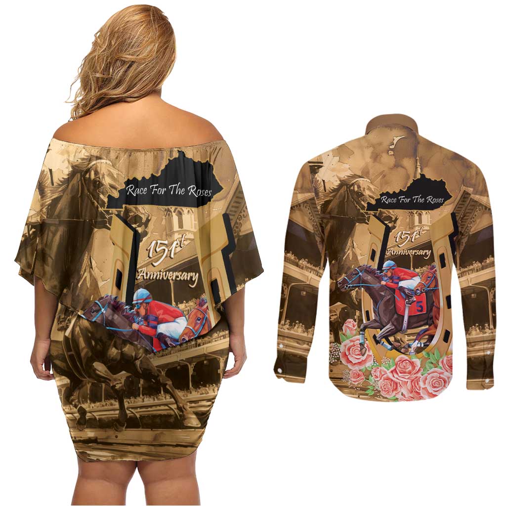 Kentucky Horse Racing Couples Matching Off Shoulder Short Dress and Long Sleeve Button Shirt 151st Anniversary Race For The Roses LT14