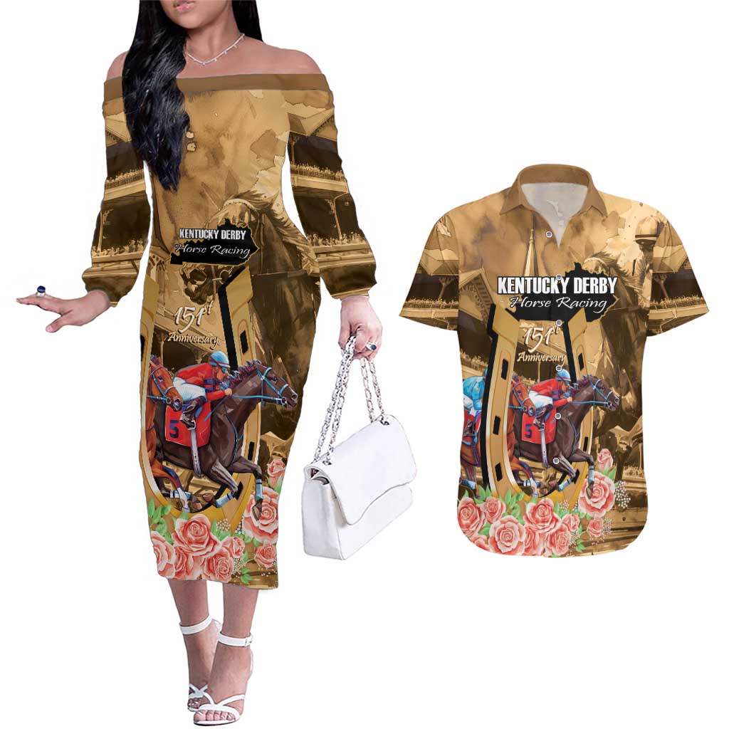 Kentucky Horse Racing Couples Matching Off The Shoulder Long Sleeve Dress and Hawaiian Shirt 151st Anniversary Race For The Roses LT14