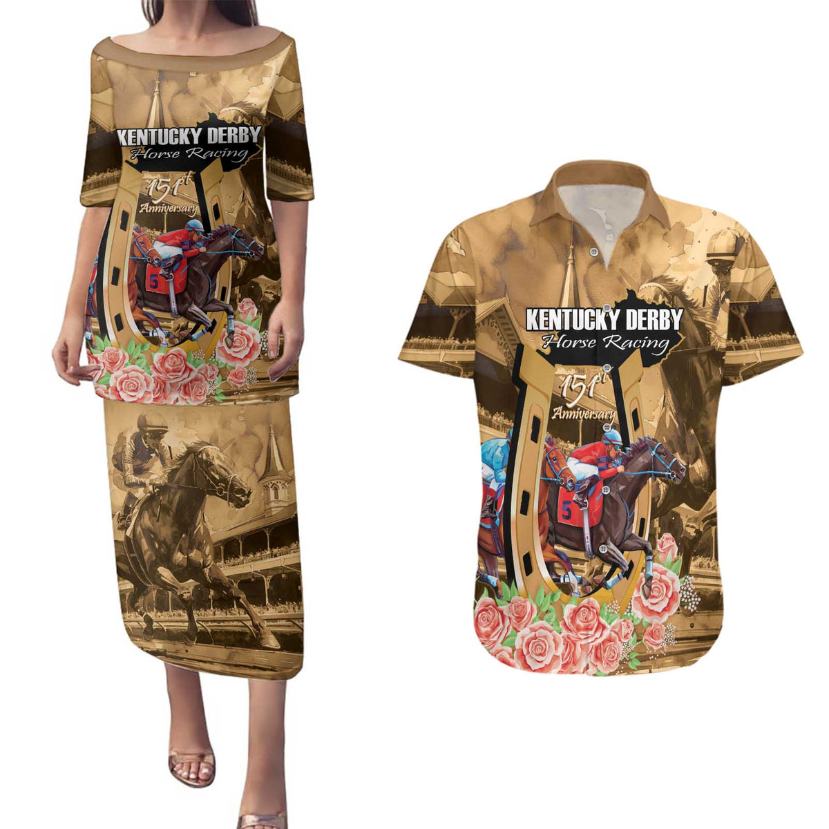 Kentucky Horse Racing Couples Matching Puletasi and Hawaiian Shirt 151st Anniversary Race For The Roses LT14