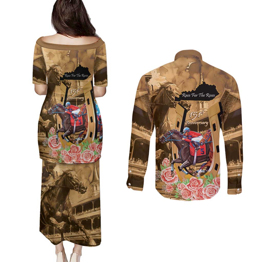 Kentucky Horse Racing Couples Matching Puletasi and Long Sleeve Button Shirt 151st Anniversary Race For The Roses LT14