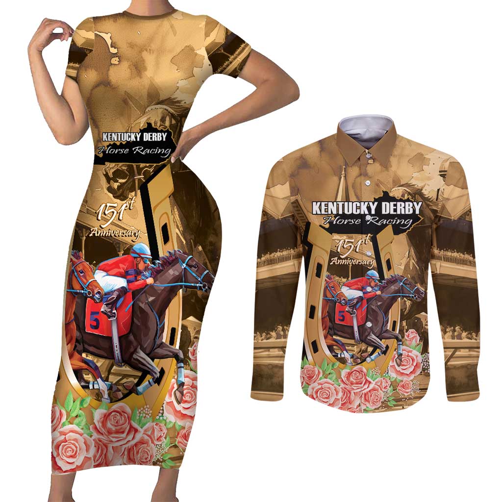 Kentucky Horse Racing Couples Matching Short Sleeve Bodycon Dress and Long Sleeve Button Shirt 151st Anniversary Race For The Roses LT14