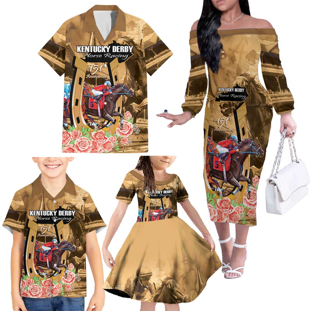 Kentucky Horse Racing Family Matching Off The Shoulder Long Sleeve Dress and Hawaiian Shirt 151st Anniversary Race For The Roses LT14