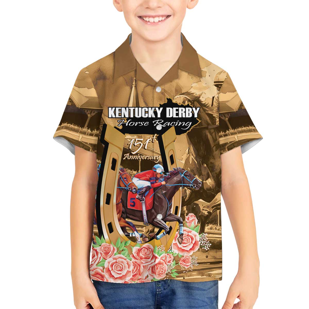 Kentucky Horse Racing Family Matching Off The Shoulder Long Sleeve Dress and Hawaiian Shirt 151st Anniversary Race For The Roses LT14