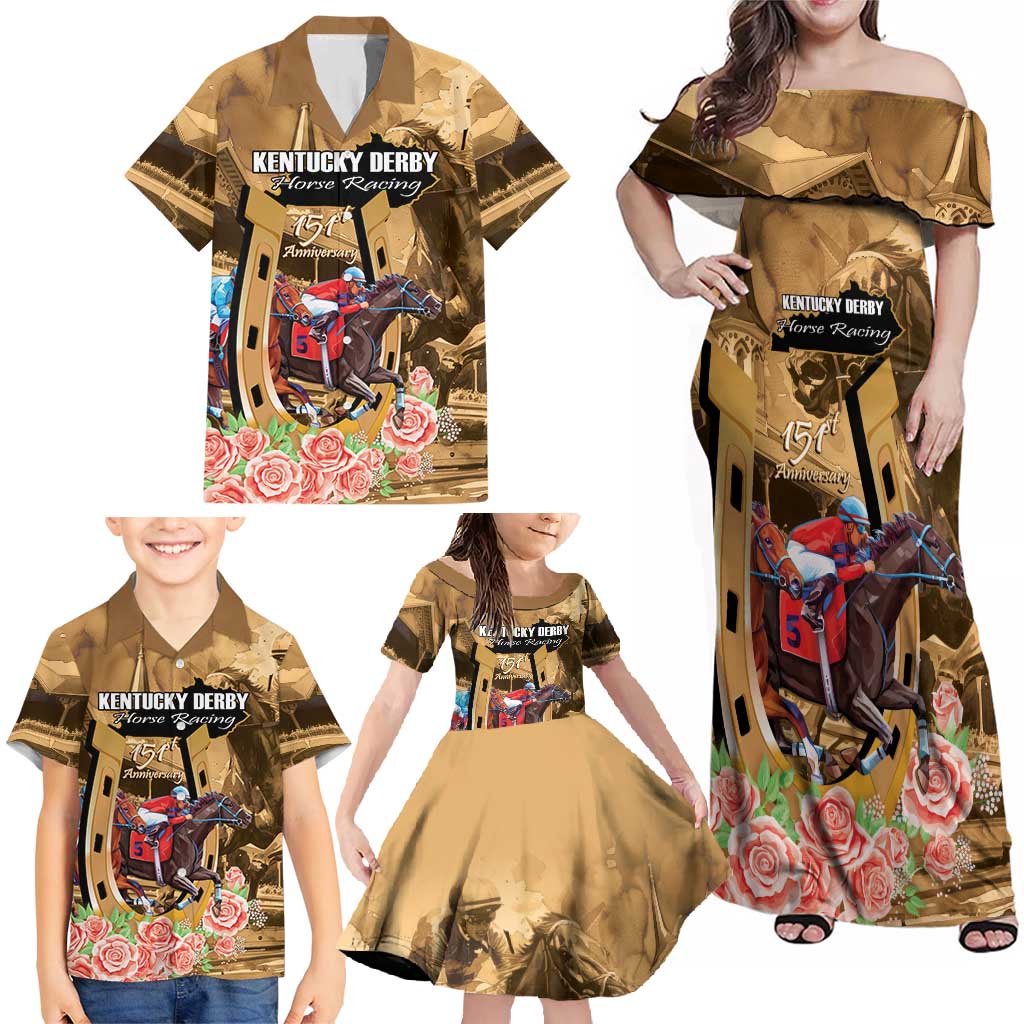 Kentucky Horse Racing Family Matching Off Shoulder Maxi Dress and Hawaiian Shirt 151st Anniversary Race For The Roses LT14