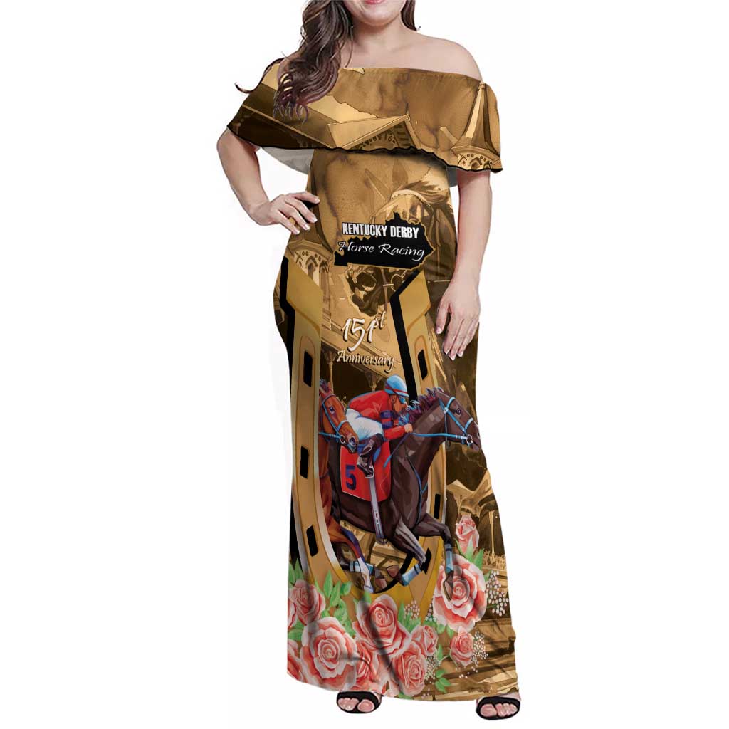Kentucky Horse Racing Family Matching Off Shoulder Maxi Dress and Hawaiian Shirt 151st Anniversary Race For The Roses LT14