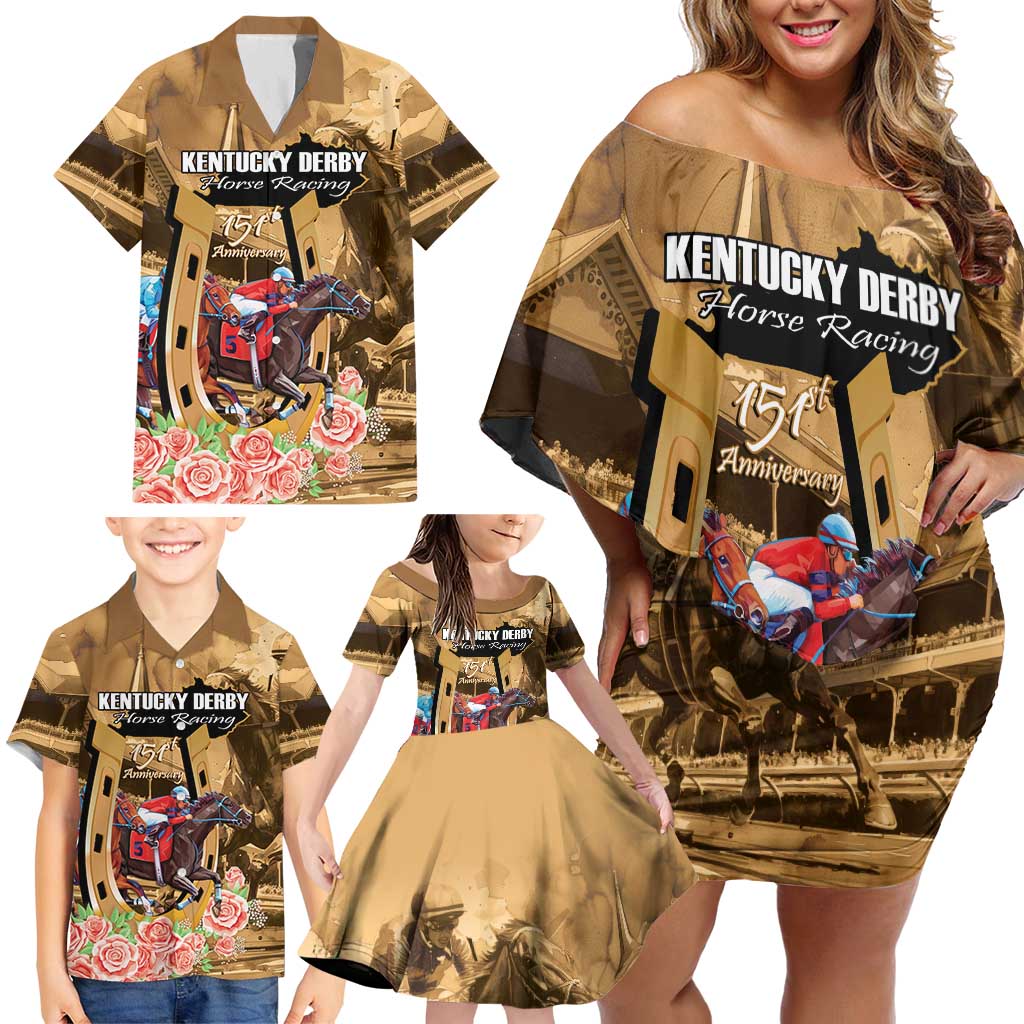 Kentucky Horse Racing Family Matching Off Shoulder Short Dress and Hawaiian Shirt 151st Anniversary Race For The Roses LT14