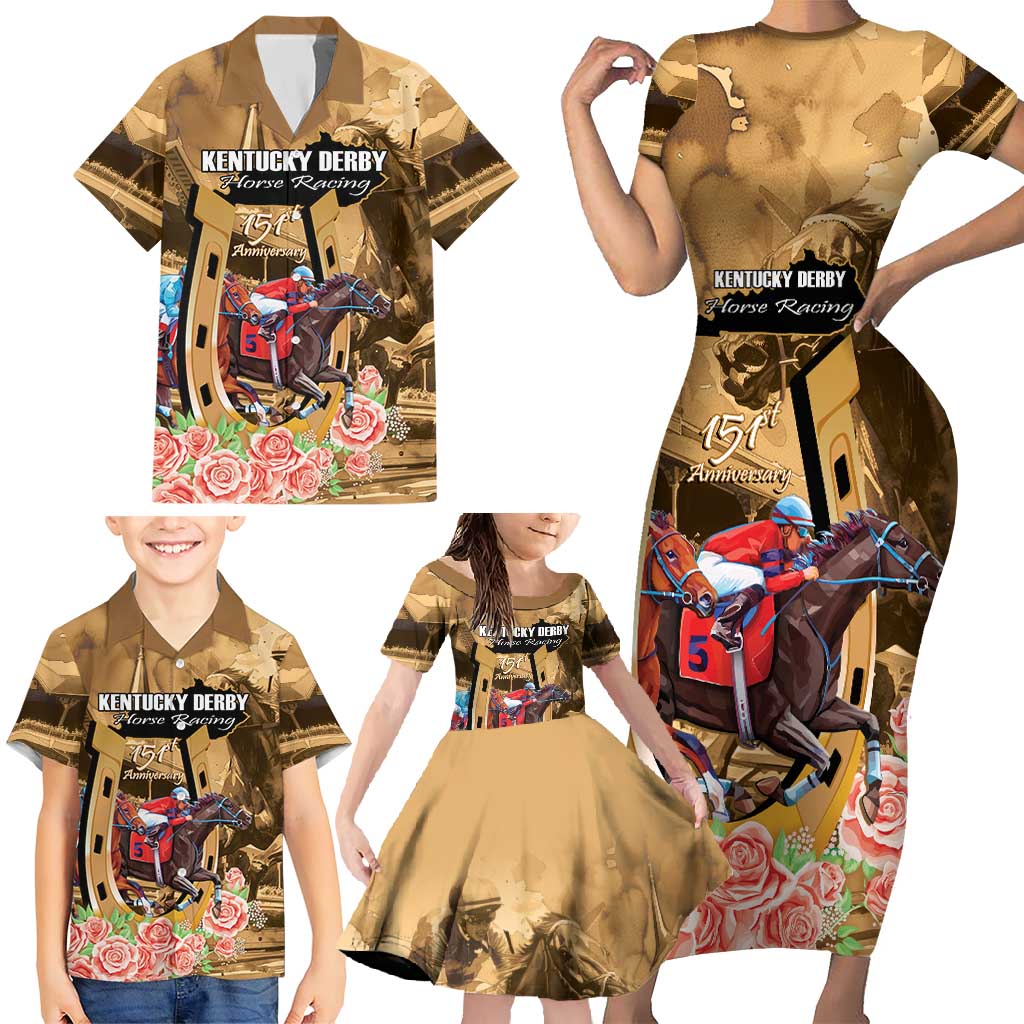Kentucky Horse Racing Family Matching Short Sleeve Bodycon Dress and Hawaiian Shirt 151st Anniversary Race For The Roses LT14