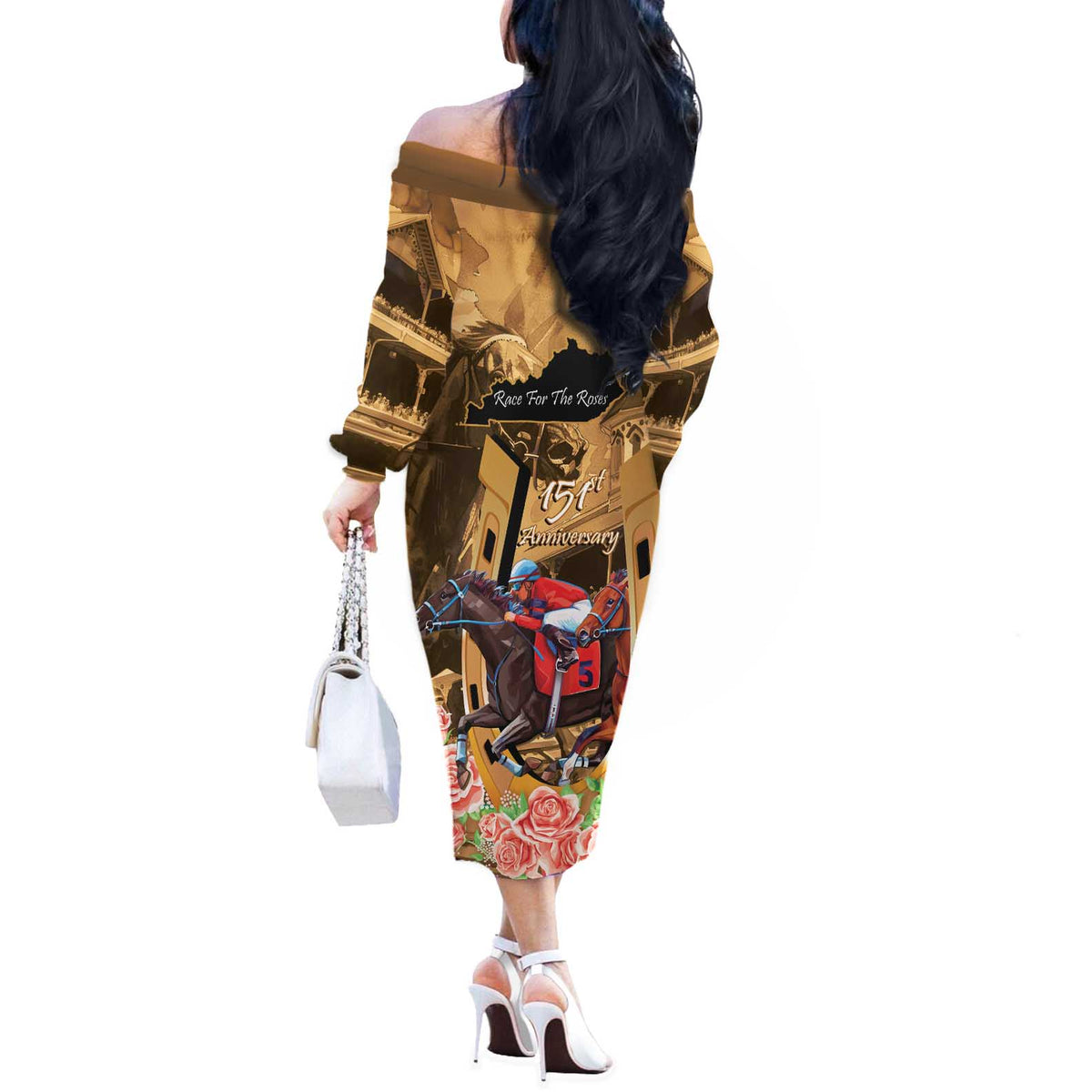 Kentucky Horse Racing Off The Shoulder Long Sleeve Dress 151st Anniversary Race For The Roses LT14