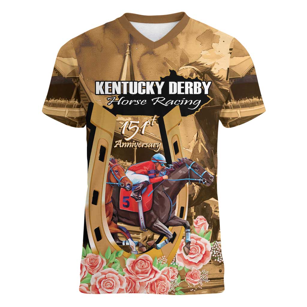 Kentucky Horse Racing Women V-Neck T-Shirt 151st Anniversary Race For The Roses LT14
