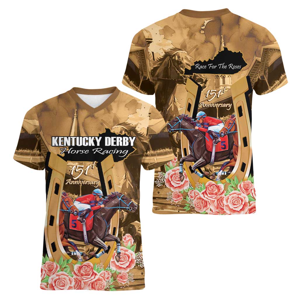 Kentucky Horse Racing Women V-Neck T-Shirt 151st Anniversary Race For The Roses LT14