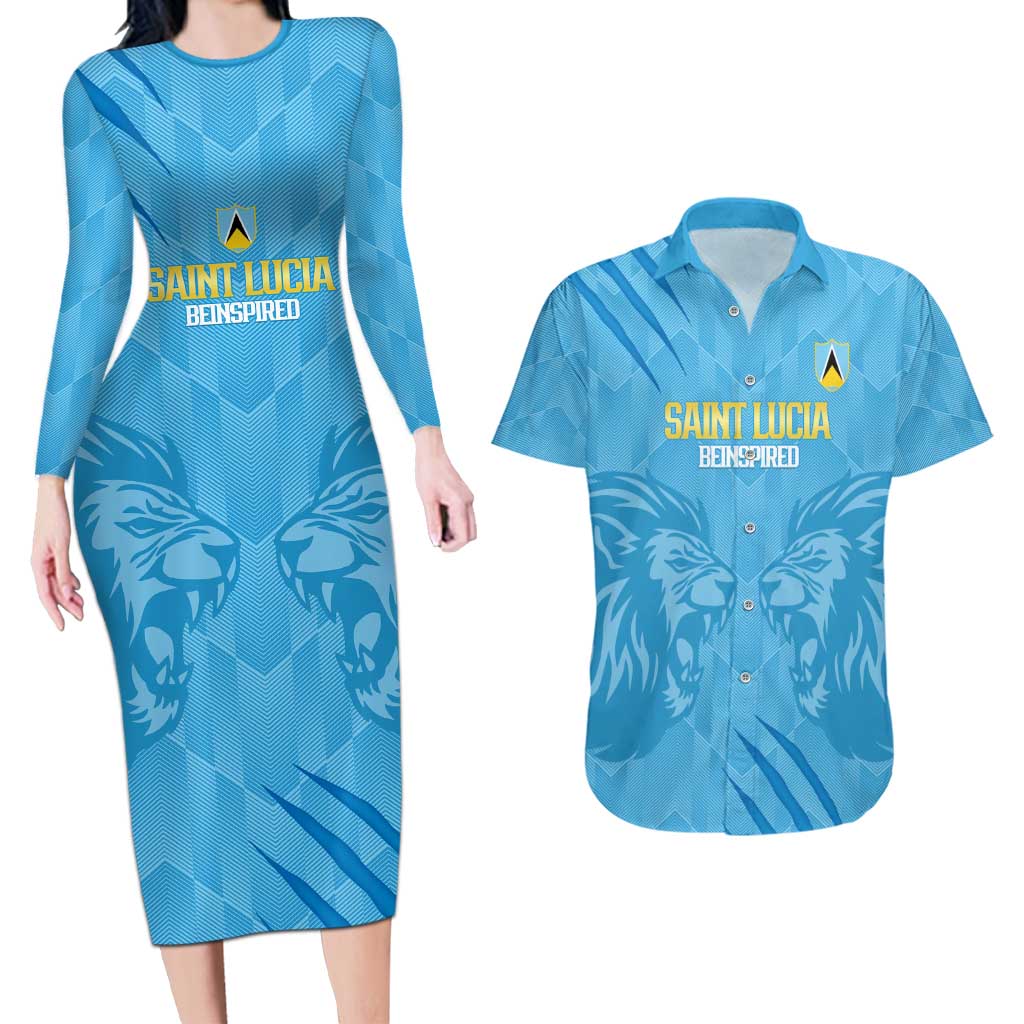 Custom Saint Lucia Cricket Couples Matching Long Sleeve Bodycon Dress and Hawaiian Shirt Go Champions Beinspired