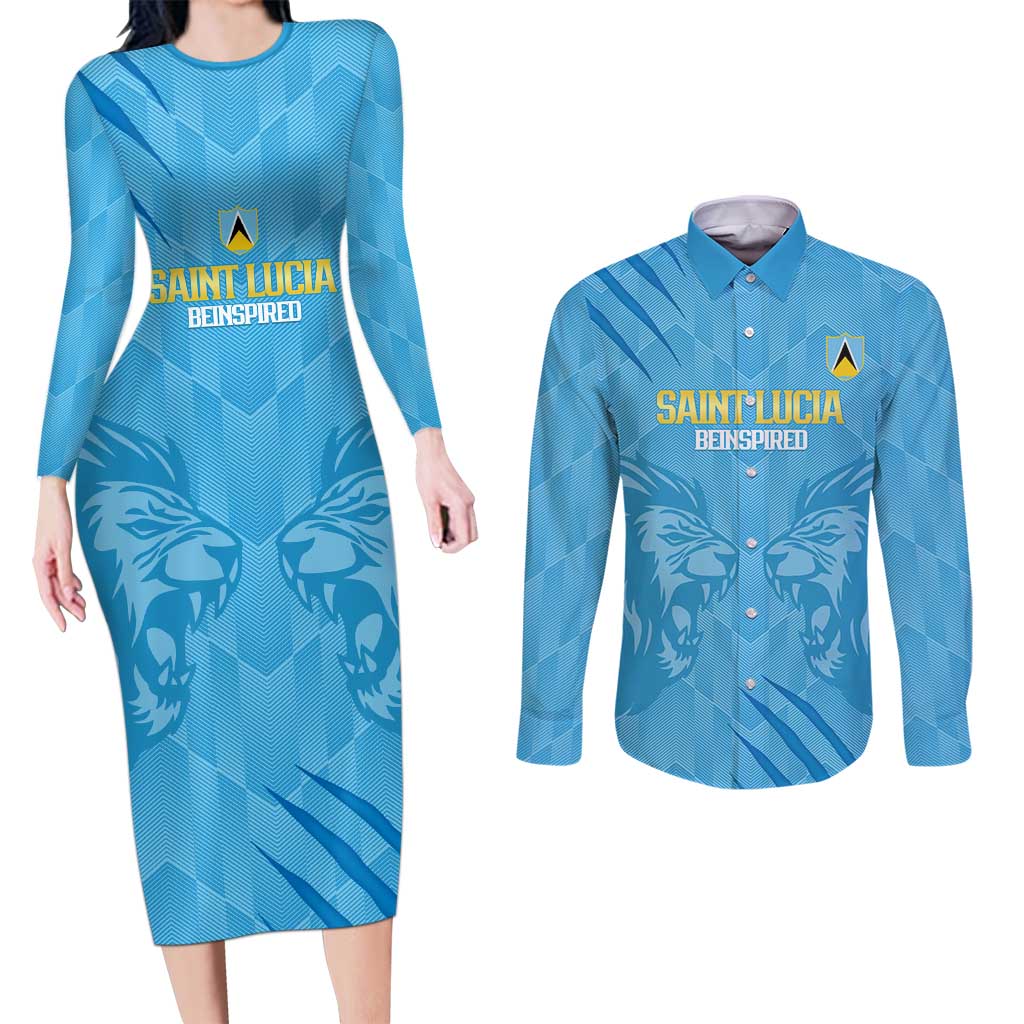 Custom Saint Lucia Cricket Couples Matching Long Sleeve Bodycon Dress and Long Sleeve Button Shirt Go Champions Beinspired