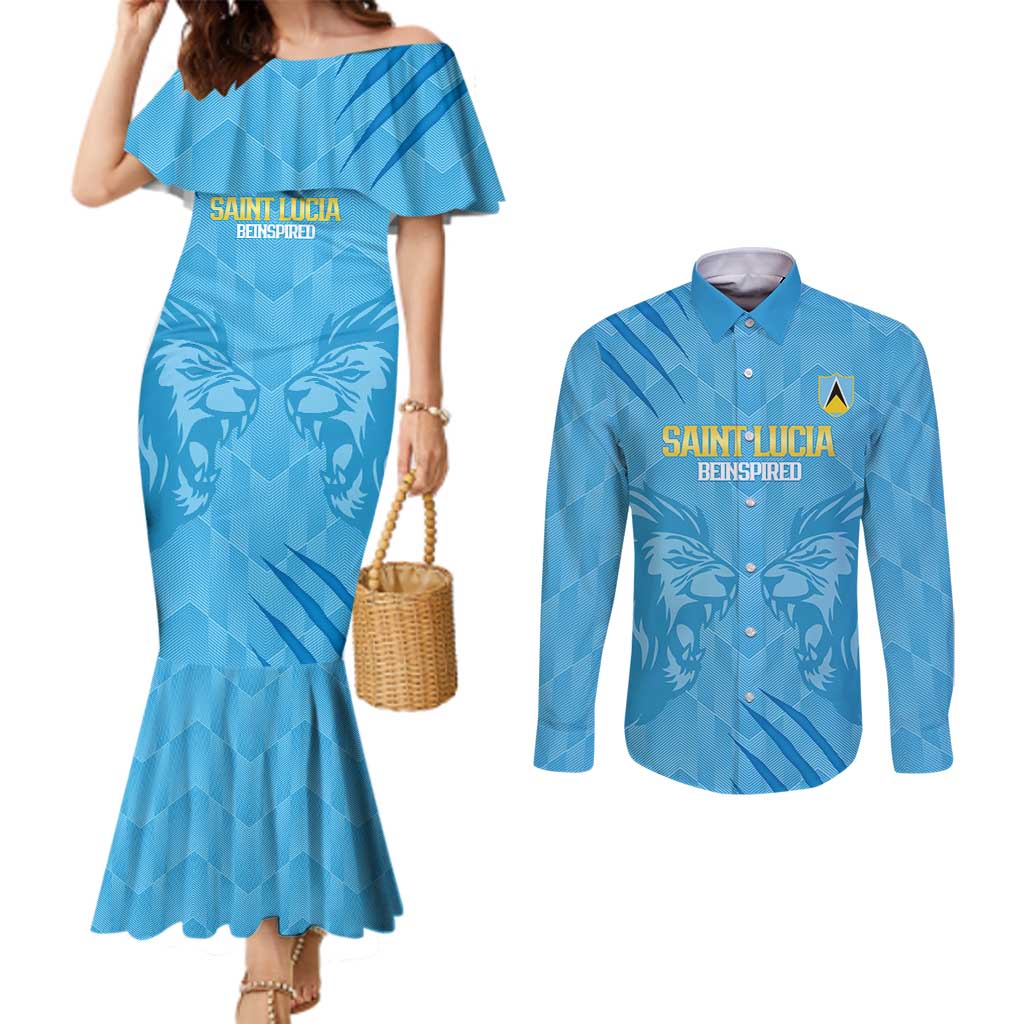 Custom Saint Lucia Cricket Couples Matching Mermaid Dress and Long Sleeve Button Shirt Go Champions Beinspired