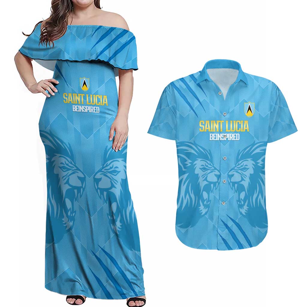 Custom Saint Lucia Cricket Couples Matching Off Shoulder Maxi Dress and Hawaiian Shirt Go Champions Beinspired