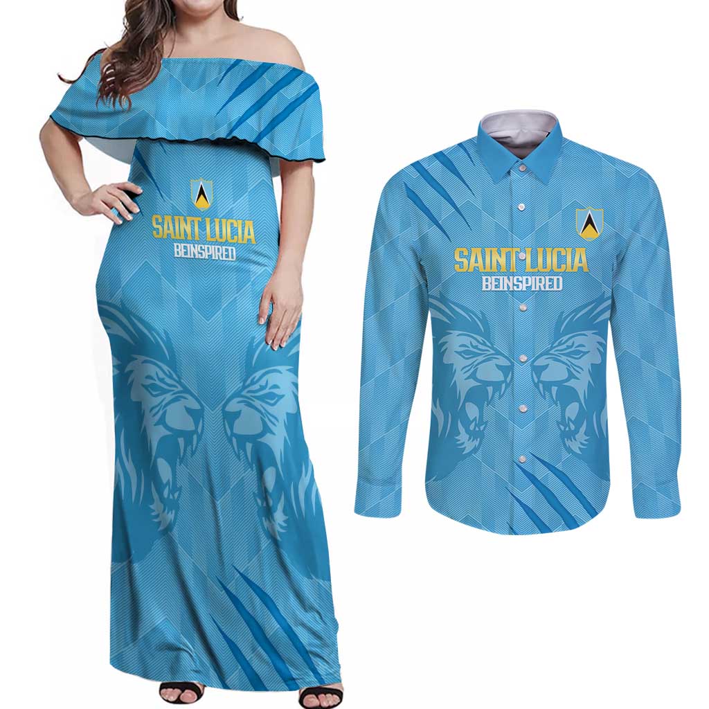 Custom Saint Lucia Cricket Couples Matching Off Shoulder Maxi Dress and Long Sleeve Button Shirt Go Champions Beinspired