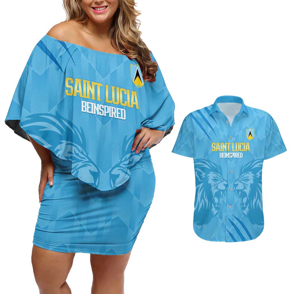 Custom Saint Lucia Cricket Couples Matching Off Shoulder Short Dress and Hawaiian Shirt Go Champions Beinspired