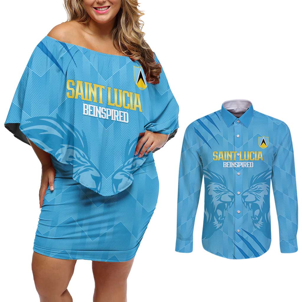 Custom Saint Lucia Cricket Couples Matching Off Shoulder Short Dress and Long Sleeve Button Shirt Go Champions Beinspired