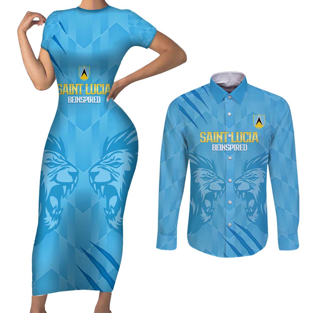 Custom Saint Lucia Cricket Couples Matching Short Sleeve Bodycon Dress and Long Sleeve Button Shirt Go Champions Beinspired