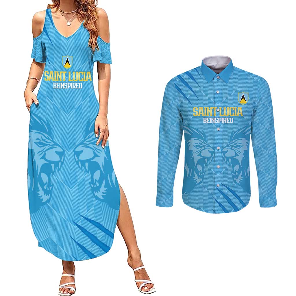 Custom Saint Lucia Cricket Couples Matching Summer Maxi Dress and Long Sleeve Button Shirt Go Champions Beinspired