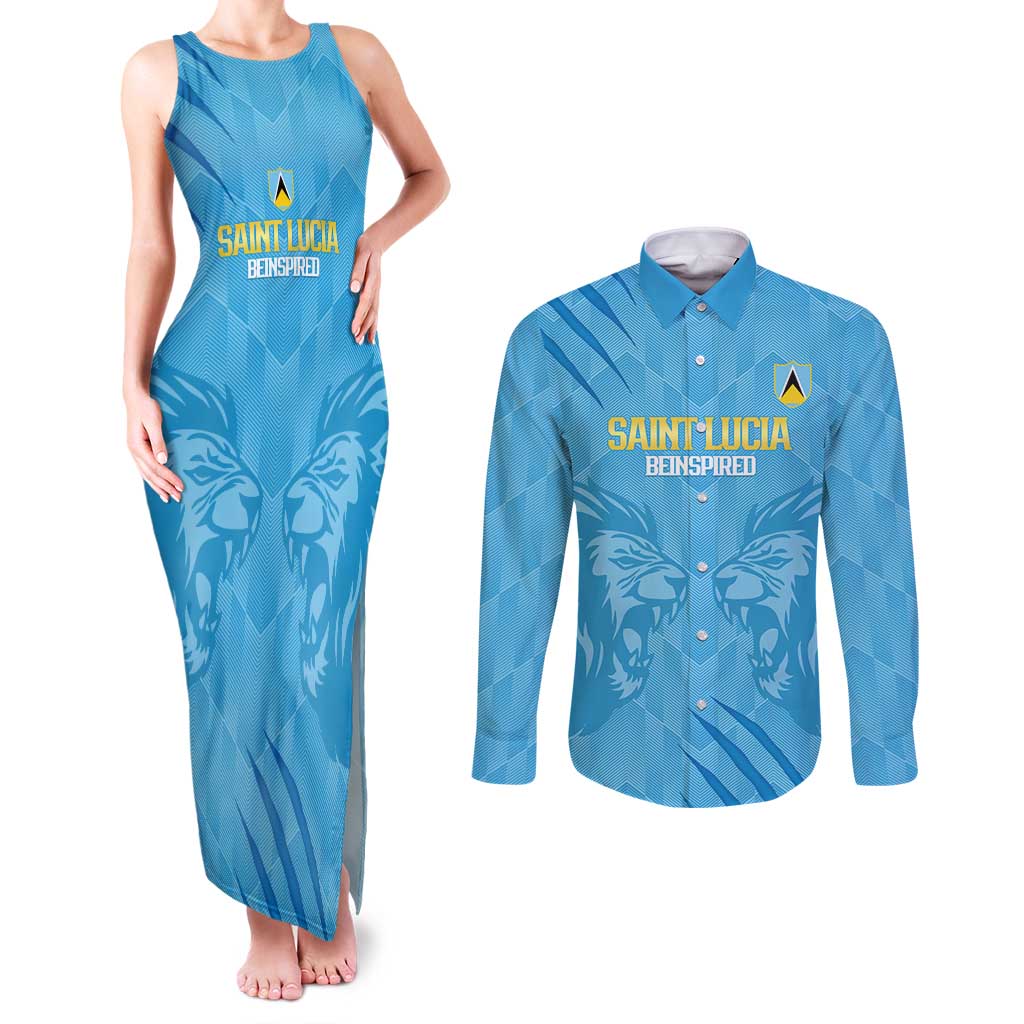 Custom Saint Lucia Cricket Couples Matching Tank Maxi Dress and Long Sleeve Button Shirt Go Champions Beinspired