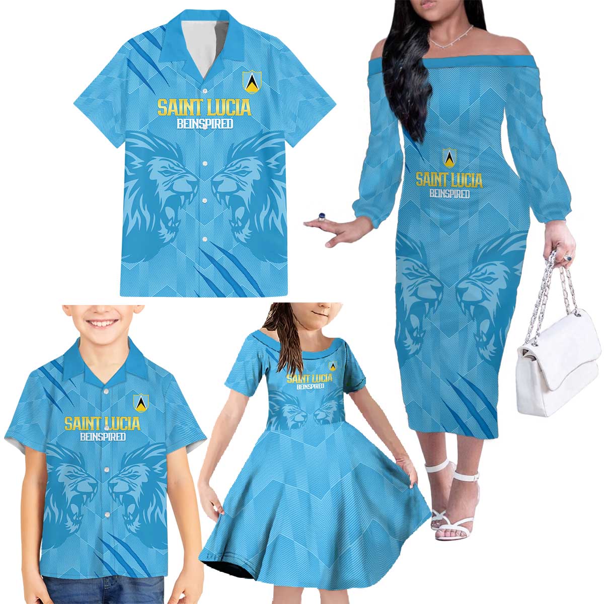 Custom Saint Lucia Cricket Family Matching Off The Shoulder Long Sleeve Dress and Hawaiian Shirt Go Champions Beinspired