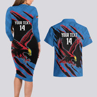 Custom Antigua and Barbuda Cricket Couples Matching Long Sleeve Bodycon Dress and Hawaiian Shirt Go Champions Falcons