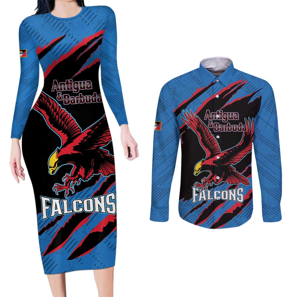 Custom Antigua and Barbuda Cricket Couples Matching Long Sleeve Bodycon Dress and Long Sleeve Button Shirt Go Champions Falcons