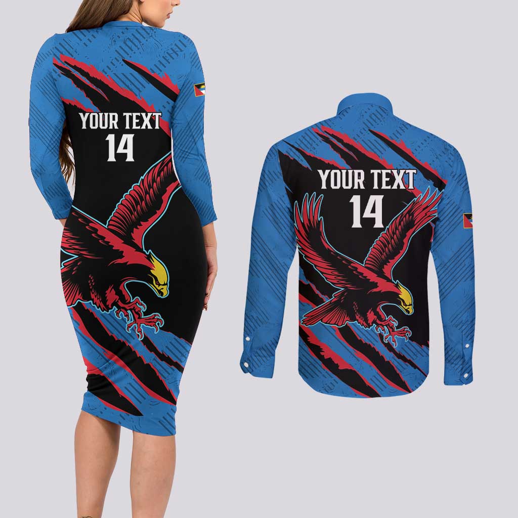 Custom Antigua and Barbuda Cricket Couples Matching Long Sleeve Bodycon Dress and Long Sleeve Button Shirt Go Champions Falcons