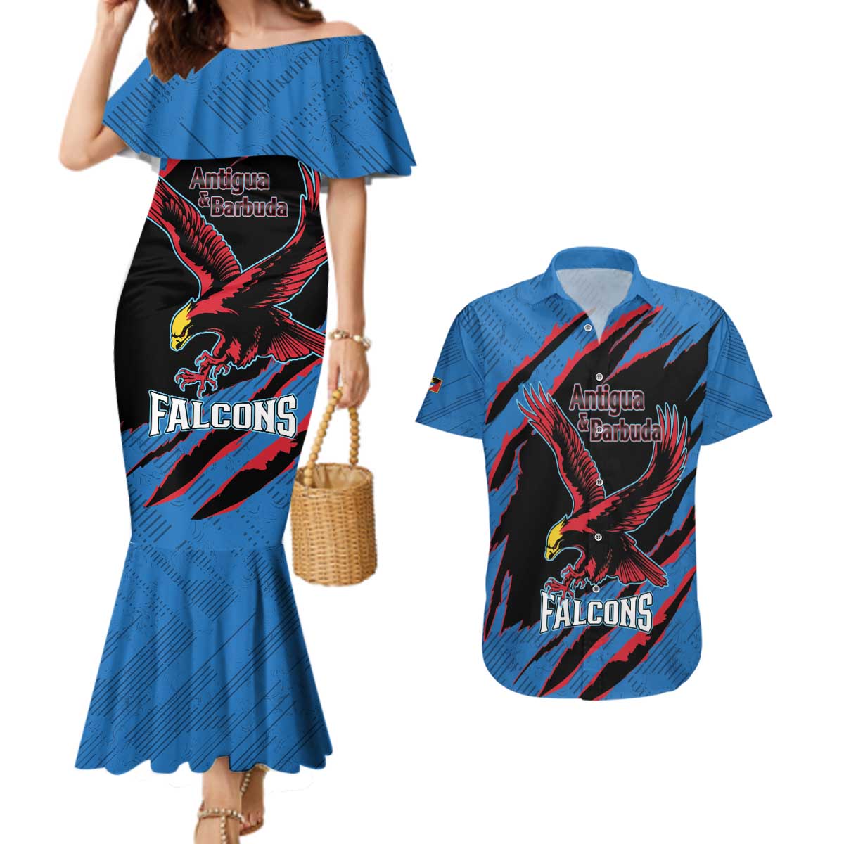 Custom Antigua and Barbuda Cricket Couples Matching Mermaid Dress and Hawaiian Shirt Go Champions Falcons