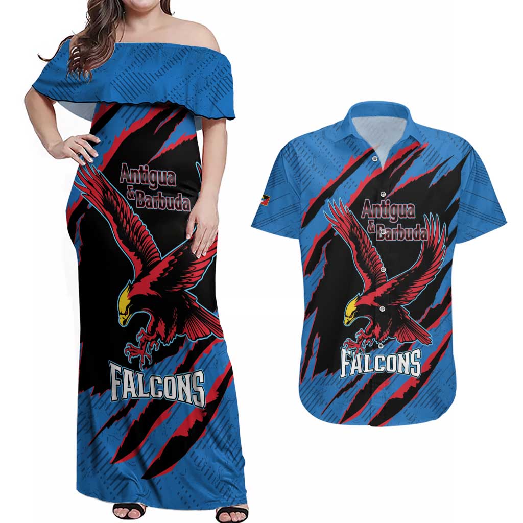 Custom Antigua and Barbuda Cricket Couples Matching Off Shoulder Maxi Dress and Hawaiian Shirt Go Champions Falcons