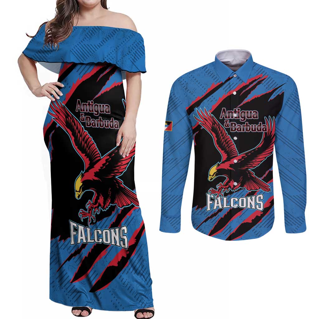 Custom Antigua and Barbuda Cricket Couples Matching Off Shoulder Maxi Dress and Long Sleeve Button Shirt Go Champions Falcons