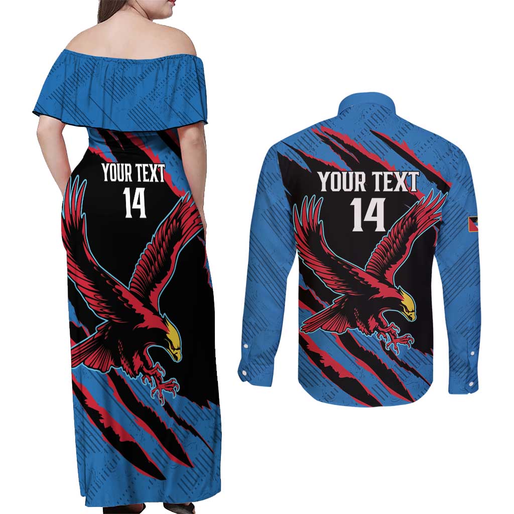 Custom Antigua and Barbuda Cricket Couples Matching Off Shoulder Maxi Dress and Long Sleeve Button Shirt Go Champions Falcons